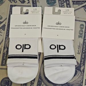 ALO Yoga White Crew Athletic Socks with Black Logo & Stripes - 2 Pack